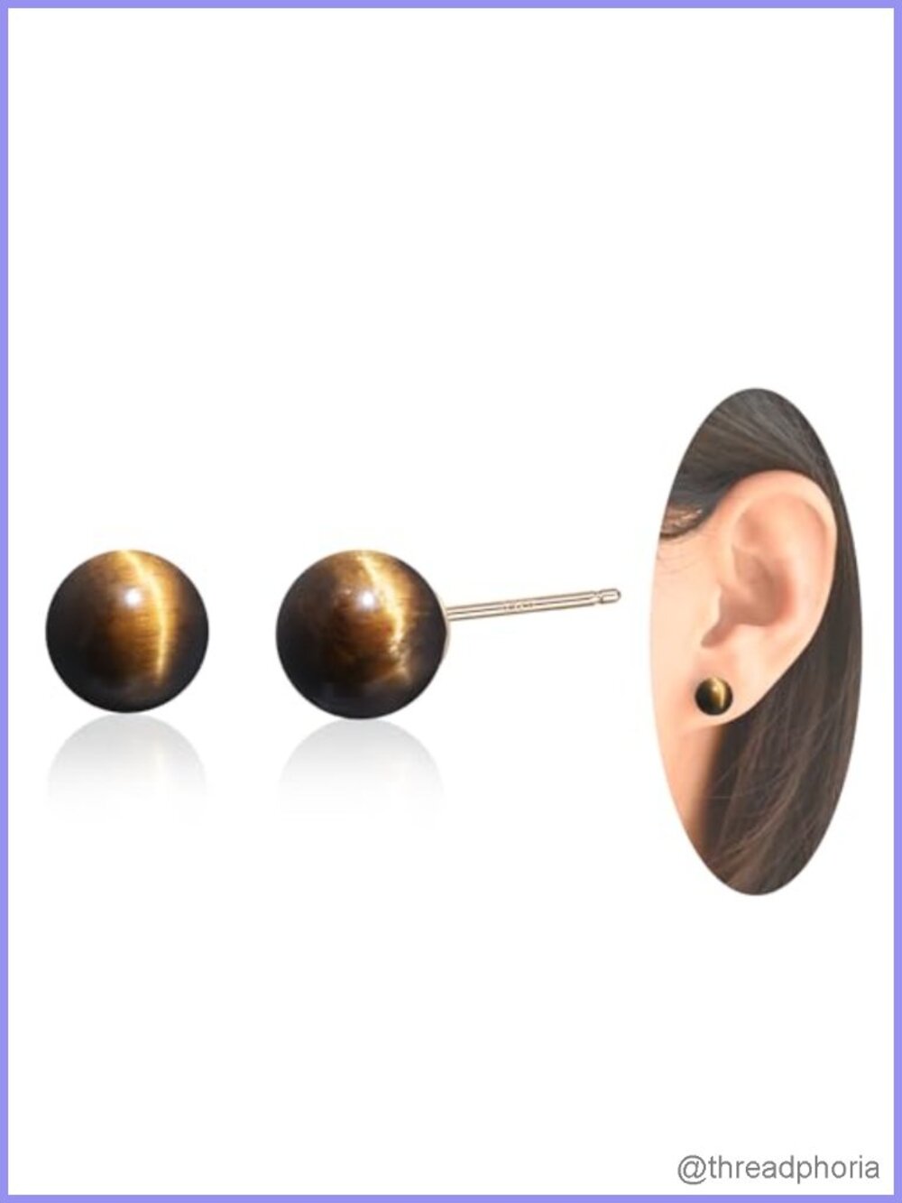Natural Tiger Eye Stone Stud Earrings 14K Gold Plated Hypoallergenic Round Ball